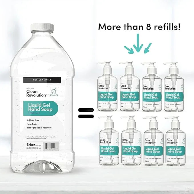 Clean Revolution Liquid Gel Hand Soap, Silky Rich Liquid, Quick Lather, Fast Rinsing, Contains Real Essential Oils (Spring Air) 64 Fl Oz - ModernBath