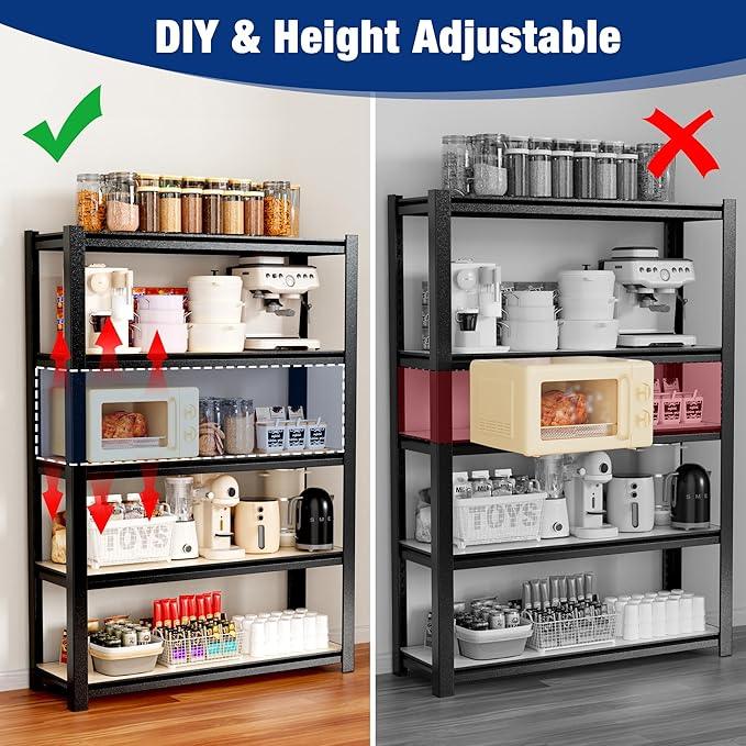 WORKPRO House 3000lbs 5-Tier Shelving Unit, 72" H Adjustable Storage Shelves, Boltless Book Shelf, Shelf Organizer for Kitchen, Living Room, Bathroom, Wood Grain Pattern, Waterproof Board, Black - ModernBath