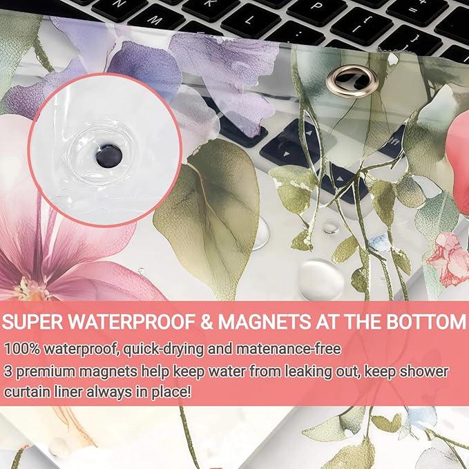 CAPQL Clear Colorful Floral Butterfly Shower Curtain Liner, Plastic Pretty Nature Plant Shower Curtains for Bathroom, 72x72 Weighted Magnetic Shower Curtain Set with 12 Hooks - ModernBath
