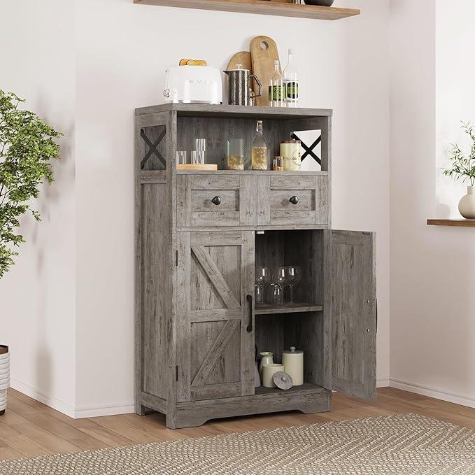 Small Farmhouse Storage Cabinet with Barn Doors, Farmhouse Kitchen Pantry Cabinet, Tall Coffee Bar with Storage, Hutch Cupboard for Kitchen, Laundry, Living Room, Washed Grey - ModernBath
