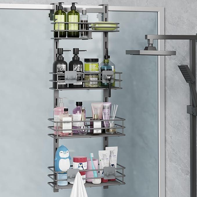 Orimade Over The Door Shower Caddy Adjustable 4 Tier Dark Grey,Bathroom Hanging Organizer Shelf Rustproof with 4 Hooks,Shower Basket with Soap Holder and Suction Cup - ModernBath
