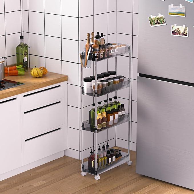 VECELO Acrylic 4-Tier Rolling Cart, Slim Utility Cart for Storage, Mobile Storage Cart with Lockable Wheels Hooks&Bucket for Office,Kitchen,Laundry Room Bathroom Living Room, Clear - ModernBath
