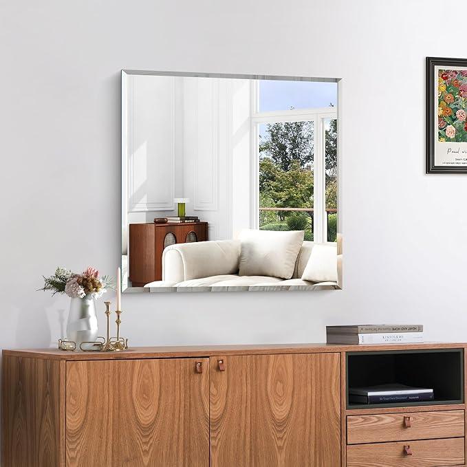 KOCUUY Beveled Square Mirror, 24x24 Inch Frameless Bathroom Mirror for Over Sink, Upgraded Shatterproof Beveled Unframed Design Mirror for Bathroom, Bedroom, Hang Horizontal/Vertical - ModernBath