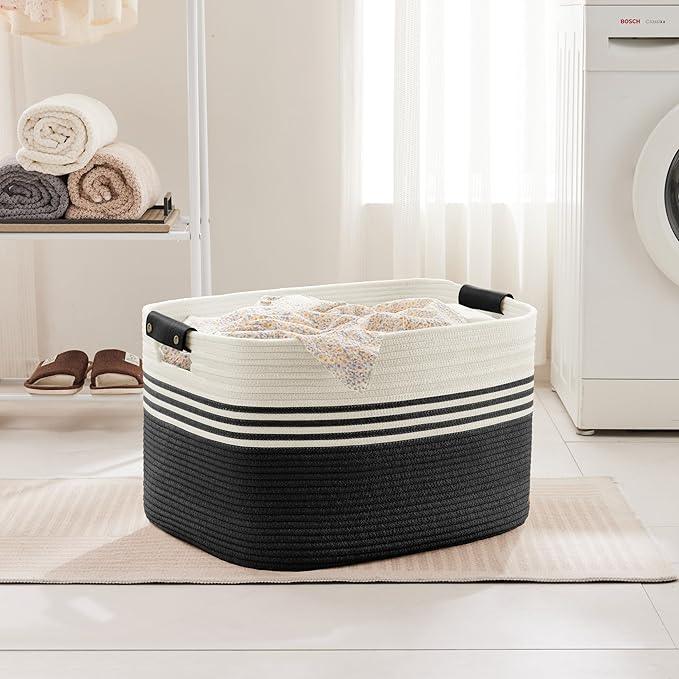 86L Extra Large Laundry Basket with Leather Handles for Living Room Storage, Woven Rope Baskets for Blanket, Kids Toy, Gifts, Wicker Hamper for Bedroom Dirty Clothes, 24"x16"x14" White Black - ModernBath