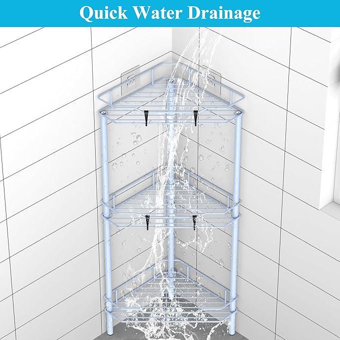 3 Tier Floor Standing Corner Shower Caddy Organizer Shelf with Hooks, Bathroom Shelves Stand Rack, Blue - ModernBath