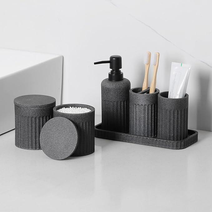 INIUNIK Bathroom Accessory Set - 6 Pieces Bathroom Accessories Set Complete with Soap Dispenser, Toothbrush Holders, Tumbler, Vanity Tray and 2 Qtip Holder for Home Organizer and Decor, Dark Grey - ModernBath