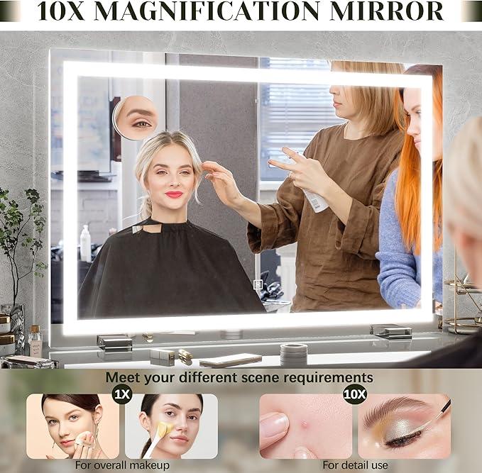 ROLOVE 32x 22 Inch Large Lighted Vanity Mirror with Dimmable 3 Modes, LED Makeup Mirror for Bathroom ＆ Dressing Room, Tabletop or Wall-Mounted, White - ModernBath