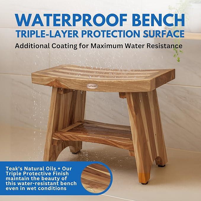 EcoDecors 24 Inch Serenity Teak Shower Bench – Waterproof Bathroom Seat with Large Storage Shelf For Adults & Seniors | Spa-Style Teak Wood Stool with Non-Slip Feet, Elegant Finish, 300 Pound Capacity - ModernBath