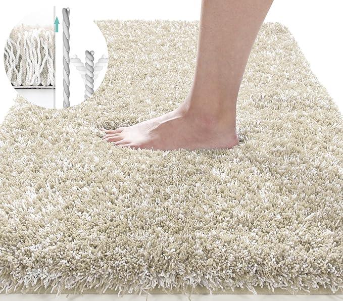 Yimobra Luxury Bathroom Rugs, Fluffy Bath Mats, Non Slip, Water Absorbent Microfiber, Machine Washable, Plush Runner Shower Rugs, Thick Matts for Bathroom Floor/Tub, 60"x 24", Light Beige and White - ModernBath