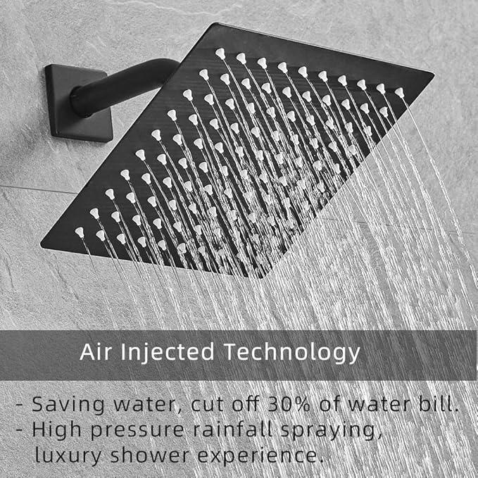 JingGang Matte Black Shower System Bathroom Rainfall Shower Faucet Set Complete Wall Mounted 8 Inch Shower Head and Handle Set with Rough-in Valve Body and Trim Kit - ModernBath