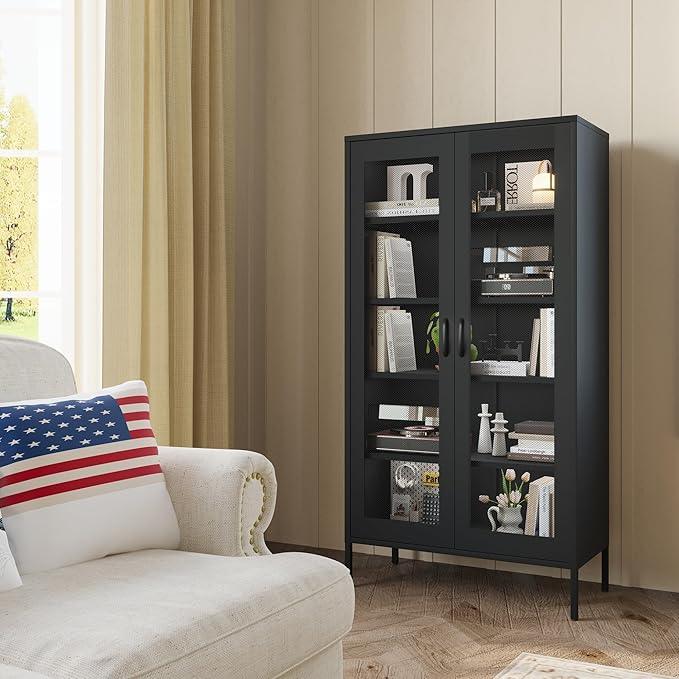 COFaR Modern Mesh Storage Cabinet, Free Standing Tall Pantry, Cupboard Metal Display Cabinet for Living Room, Kitchen, Dining Room - ModernBath