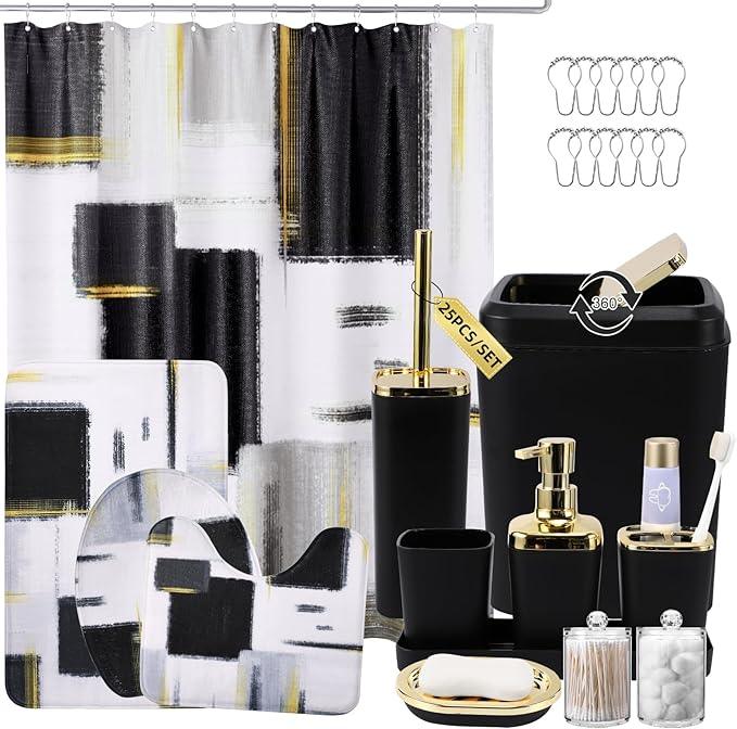 XLHOMO Bathroom Set - Black Bathroom Accessories Set, Bathroom Sets with Shower Curtain and Rugs, Black Shower Curtain Set with Bathroom Trash Can, Soap Dispenser, Soap Dish for Home Decor - ModernBath