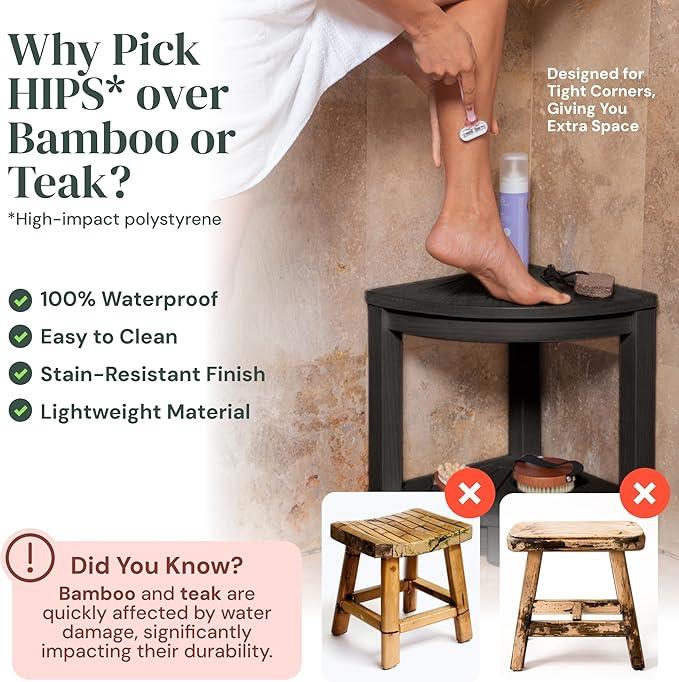 ROHKEX Plastic Corner Shower Stool - Black, Plastic - Shaving Seat & Shower Stool for Shaving Legs - Non-Slip Feet & Waterproof Bench - Space-Saving Storage & Corner Bench, Home Decor Gifts Idea - ModernBath
