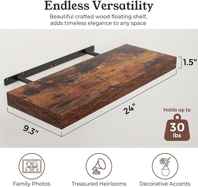 Floating Shelves for Wall, Wall Mounted Rustic Wood Shelves for Bathroom, Bedroom, Living Room, Kitchen, Hanging Shelf for Books/Storage/Room Decor (Brown, 24") - ModernBath