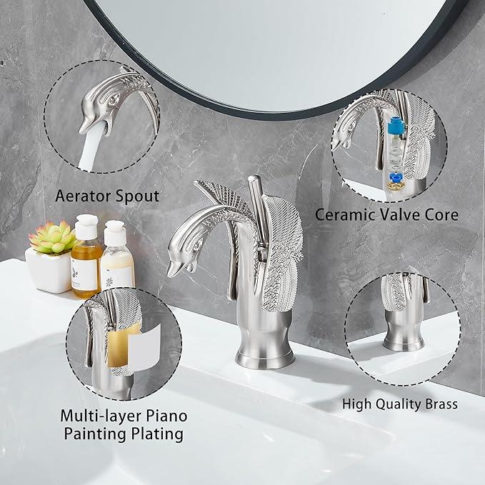 GGStudy Bathroom Faucet Brushed Nickel Swan Single Handle 1 Hole Bathroom Vanity Faucet Basin Tap Deck Mount Lavatory - ModernBath