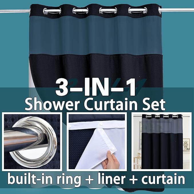 Conbo Mio Extra Long No Hook Waffle Weave Shower Curtain with Snap in Liner Set, Hotel Luxury Black Shower Curtains for Bathroom with See Through Top Window, Waterproof, Washable 71W x 84H - ModernBath