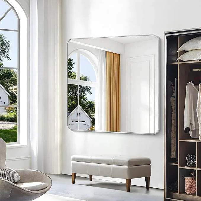 BONEWEI Silver Bathroom Mirror,48x48 inch Wall Mirror for Bathroom Wall Mounted,Rectangle Mirror for Bathroom Over Sink,Modern Frame Round Corner for Living Room,Bedroom Entryway,Horizontal/Vertical - ModernBath