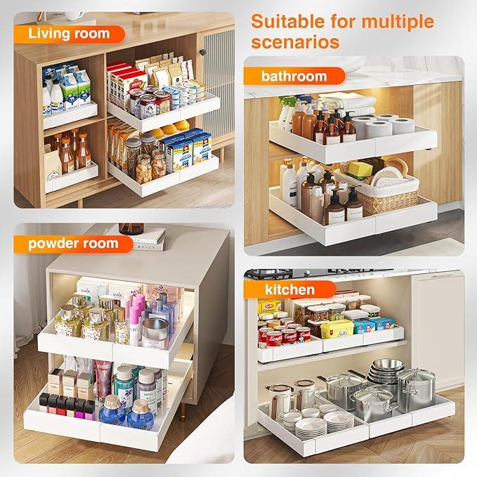 LEGUANG Expandable Pull-Out Cabinet Organizers (12.6-20.4" W x 16.54" D) - Upgraded 3 Quiet Slide Rails, Nano-Film Adhesive Fixing, White, Fit Kitchen/Living Room/Bathroom/Vanity - ModernBath