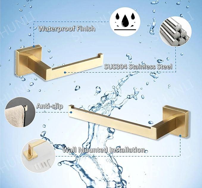SHUNLI Gold Toilet Paper Holder + Hand Towel Holder, Brushed Gold Bathroom Accessories Hardware Set 2 Pieces, Wall Mounted Towel Ring Towel Bar, SUS304 Stainless Steel - ModernBath