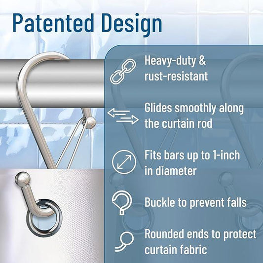 Blau Marité Set of 12 Silver Metal S Hook Shower Hooks 1” – Closed, Heavy Duty, Long Decorative Shower Curtain Hooks, Easy Glide, Buckle, Large Rust Resistant Rings for Bathroom Rods (Silver, S) - ModernBath