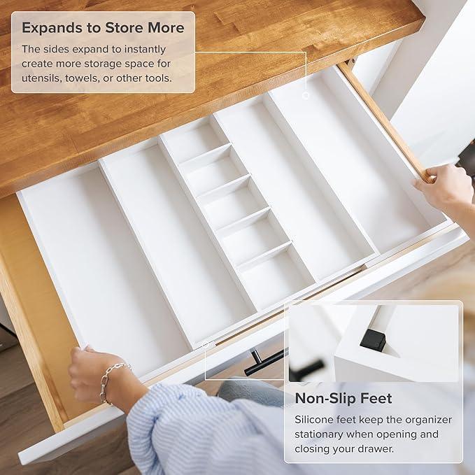 KitchenEdge Adjustable Kitchen Drawer Organizer for Utensils and Junk, Food-Safe Contract Grade with 100% Sustainable Wood, Expandable from 16 to 28 Inches Wide - White Bamboo - ModernBath