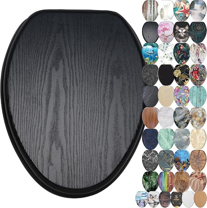 SANILO Wooden Toilet Seat with Soft Close [ELONGATED] - Decorative, Quiet & Slow Close Molded Wood Seat - With Strong Bumpers & Hinges - Adjustable Fit - Black Wood - ModernBath
