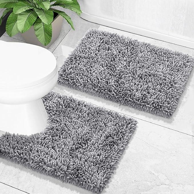 Yimobra Toilet Rugs U Shaped Washable, Extra Thick Soft Absorbent Chenille Contour Bathroom Rugs for Toilet 24x24 Inch, Quick Dry Non Slip Toilet Mat for Bath Floor, Silver - ModernBath