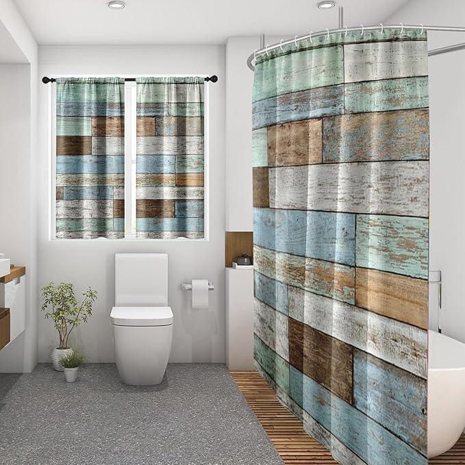 Culudea Wood Rustic Vintage Blue Brown Waffle Textured Cloth Shower Curtain Set, Farmhouse Retro Bathroom Window Waterproof Shower Curtains for Bathroom Decor - ModernBath