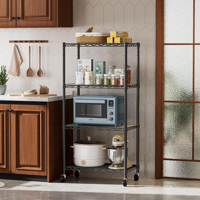 4 Tier Shelves Storage Shelf Wire Closet Bathroom Organizers Metal Pantry Kitchen Garage Shelving Unit Laundry Room Organization Home Rack Net Basket Black with Wheels 14”D X 24”W X 48.9”H - ModernBath