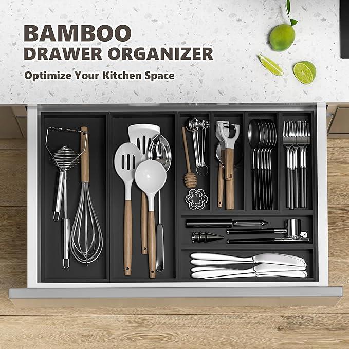 Kitchen Drawer Organizer Bins, Black Bamboo Drawer Organizer Stackable for Silverware, Utensils, Cutlery, Flatware, Junk Drawer, Dresser, Bathroom, 9" x 3" x 2.5" (Set of 2) - ModernBath