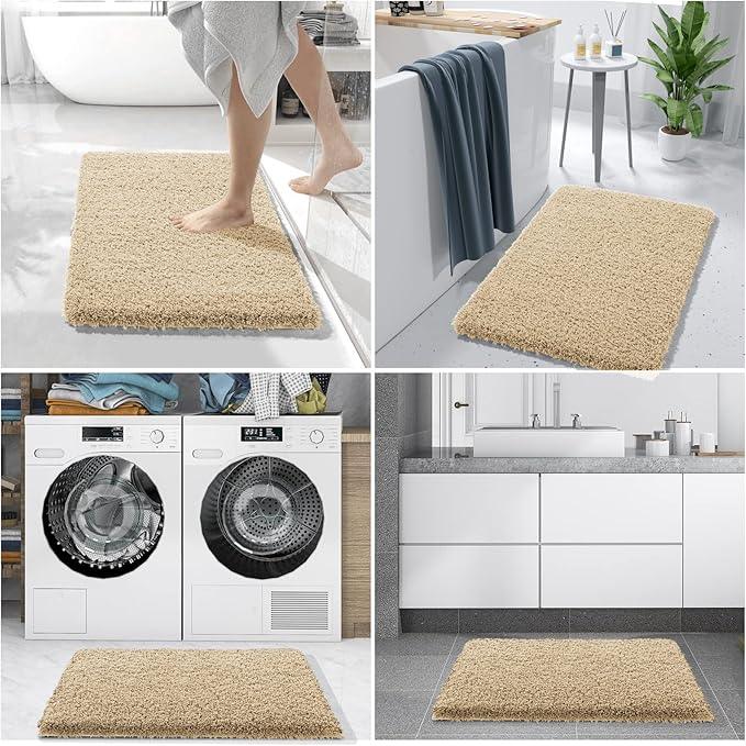 Yimobra Plush Thick and Soft Cut Pile Bathroom Mats, Super Shaggy Comfortable Quick Water Absorbing Non Slip Bath Rugs, Ultra Plush Thick with Machine Washable Bath Mat, 36"x 24", Pure Beige - ModernBath