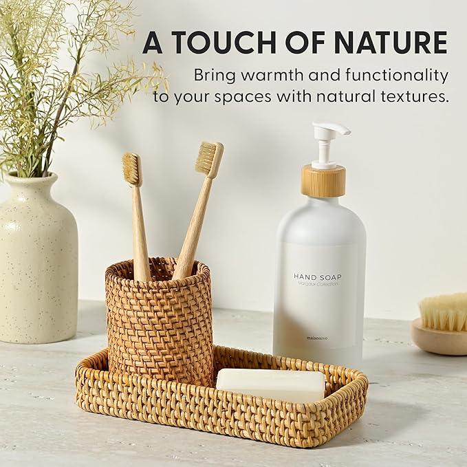 MaisoNovo Rattan Bathroom Set - White Countertop Dispenser, Toothbrush Holder & Toothpaste Cup with Tray - Set of 3 - Rattan Bathroom Vanity Trays Rectangle for Storage - ModernBath