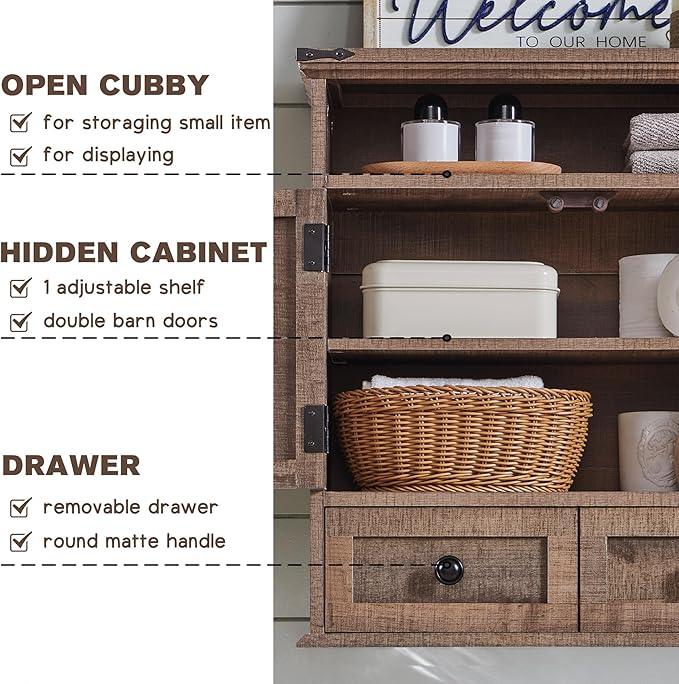 ACCOHOHO Bathroom Wall Cabinet, Farmhouse 24" Wide Medicine Cabinet with Drawer, Adjustable Shelf, Double Barn Doors, Storage Cabinets for Bathroom, Kitchen, Living Room, Rustic Brown - ModernBath