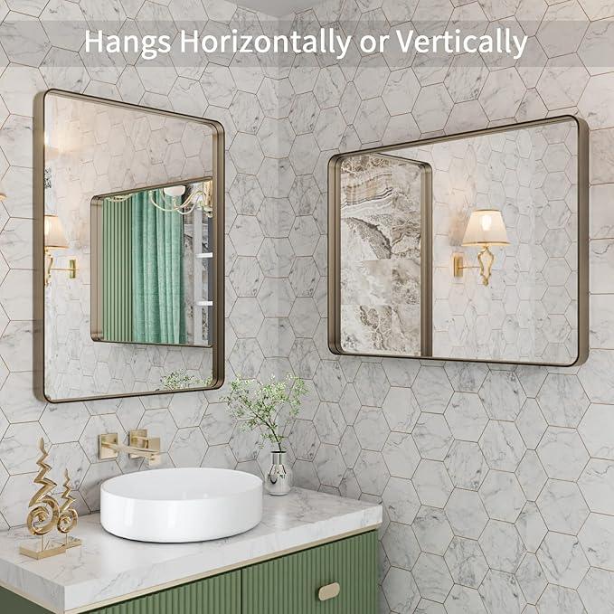 LOAAO 22”X30” Bronze Bathroom Mirrors for Vanity, Rounded Rectangle Brushed Bronze Metal Frame Mirror, Anti-Rust, Hangs Horizontally or Vertically - ModernBath