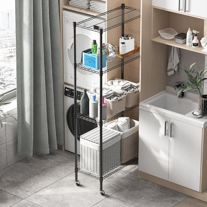 Homdox Heavy Duty 4-Tier Metal Shelving Unit with Adjustable Shelves, Rolling Storage Rack for Kitchen, Garage, Pantry, 29.92"x13.98"x74.41", Black - ModernBath