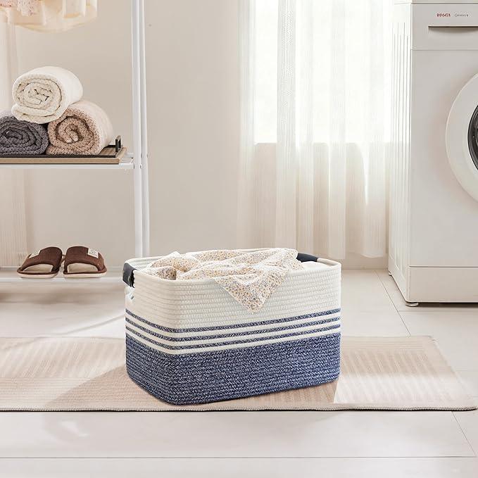 45L Small Laundry Basket with Leather Handles for Living Room Storage, Woven Rope Baskets Bin for Blanket, Kids Toy, Gifts, Wicker Hamper for Bedroom Dirty Clothes, 18"x14"x11" Denim Blue - ModernBath