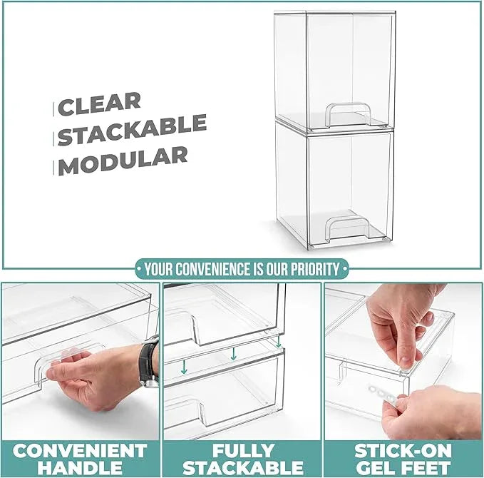 Sorbus Acrylic Storage Containers - 2 Pack, Stackable Storage Bins Set for Bathroom Organization - Clear Acrylic Drawer Organizers - Makeup Case Pull-Out Drawers (7.6’’ Tall) - ModernBath