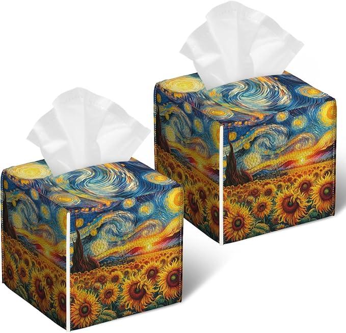 Starry Night Sunflower Tissue Box Cover 2PCS, Leather Tissue Box Holder Square Facial Paper Case Tissue Box Cube Organizer for Bathroom Bedroom Desk Office - ModernBath