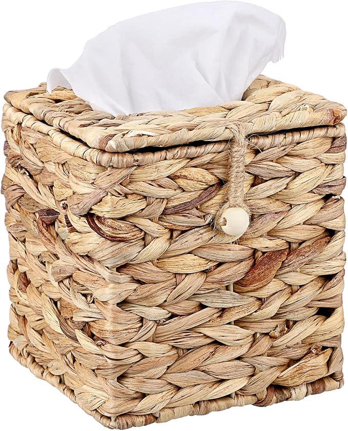 Sumnacon Tissue Box Cover Square Tissue Box with Lid, Wicker Tissue Cover for Home Office Table (Water Hyacinth, Natural) - ModernBath