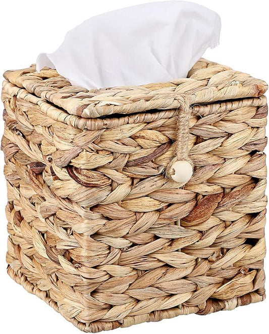 Sumnacon Tissue Box Cover Square Tissue Box with Lid, Wicker Tissue Cover for Home Office Table (Water Hyacinth, Natural) - ModernBath