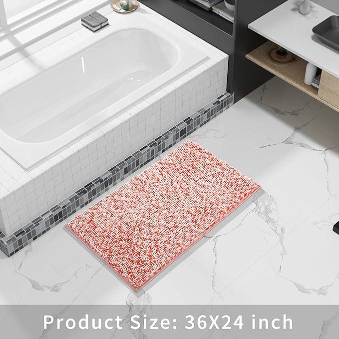 Yimobra Bath Mats for Bathroom Non Slip, 36x24, Extra Soft Chenille Bathroom Rugs, Luxury Fluffy Long Matts for Tub, Plush Shaggy Carpet, Water Absorb, Machine Washable, Orange & Pink - ModernBath