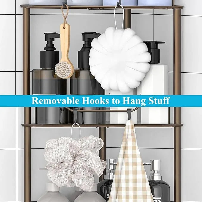3 Tier Floor Standing Corner Shower Caddy Organizer Shelf with Hooks, Bathroom Shelves Stand Rack, Bronze - ModernBath