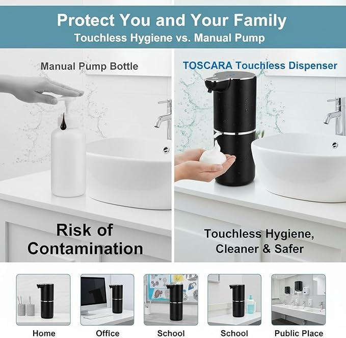 TOSCARA Auto Sensor Foam Soap Dispenser – Touchless, Rechargeable, Hands-Free Liquid Foaming Soap Dispenser for Kitchen, Bathroom, Office,Hotel–Hygienic No-Touch Hand Wash with 4- Foam Modes (Black) - ModernBath