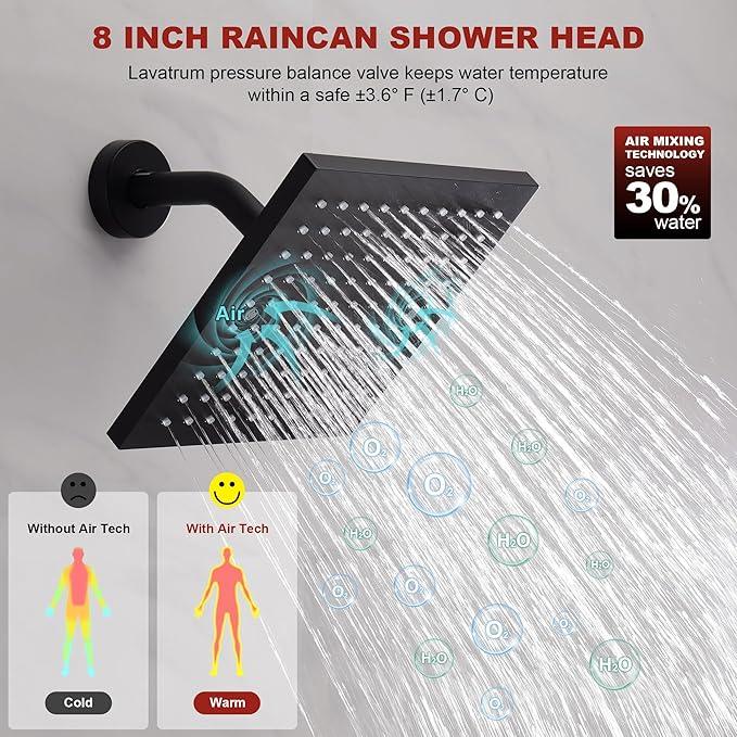 Lavatrum Premium Shower Head and Valve Set Wall Mount 8 Inch Rainfall Square Shower Faucet Single Spray with Rough-in Valve and Trim Kit for Bathroom(Matte Black) - ModernBath