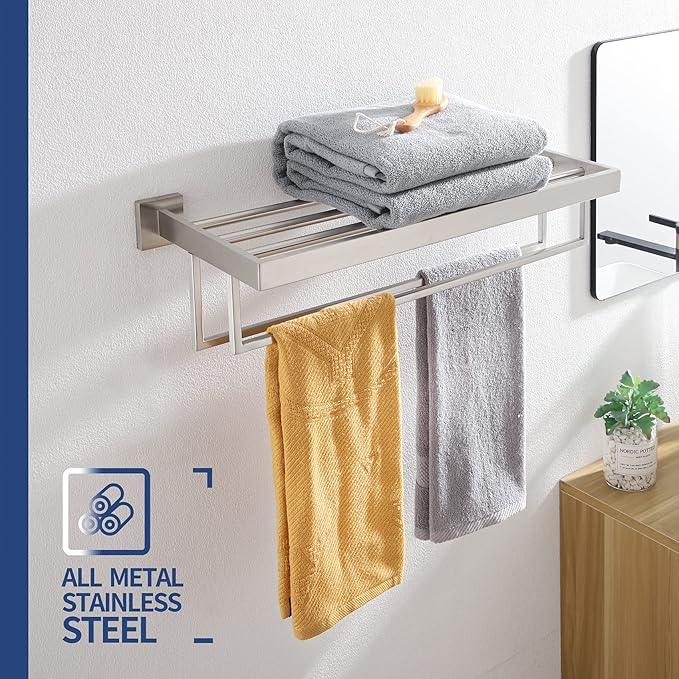 KOKOSIRI Towel Rack 24'' Bathroom Towel Shelves with Double Towel Bars SUS304 Stainless Steel Wall Mounted, Brushed Nickel, B6003BR - ModernBath