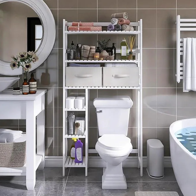 SMIBUY Over The Toilet Storage with Drawers, Large Bathroom Space Saver Organizer Rack, Freestanding Behind Toilet Stand with 6-Tier Shelf and Waterproof Feet Pad for Restroom, Laundry (White) - ModernBath