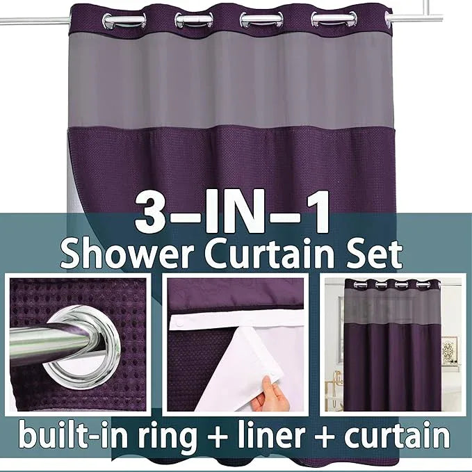 Conbo Mio No Hook Waffle Weave Shower Curtain with Snap in Liner Set, Hotel Luxury Purple Shower Curtains for Bathroom with See Through Top Window, Waterproof, Washable 71W x 74H - ModernBath