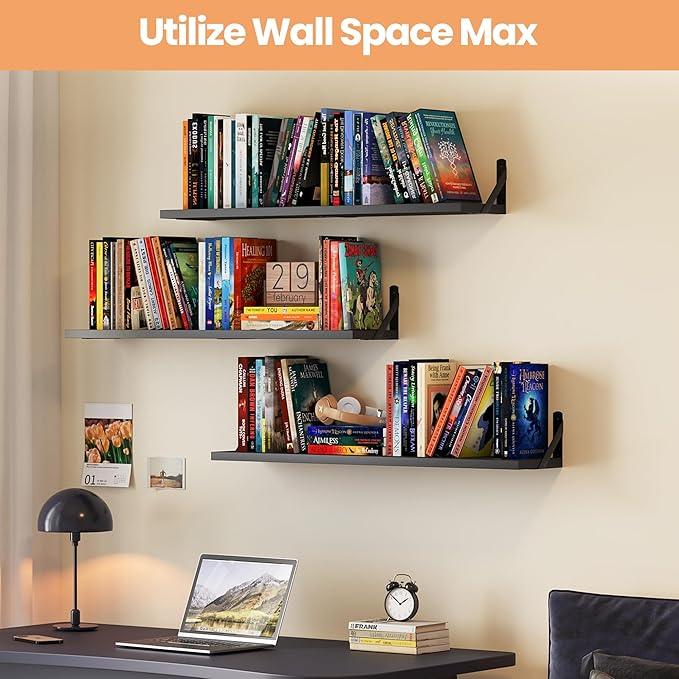 upsimples Floating Book Shelves for Wall, 35.4 Inches Long Floating Wood Shelves for Living Room, Library, Bedroom, Office Organizer and Storage, Black - ModernBath