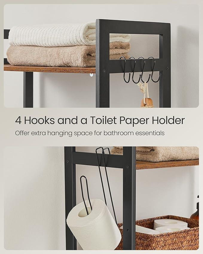 SONGMICS Over-The-Toilet Storage, 3-Tier Bathroom Organizer Over Toilet with Adjustable Shelves, Hooks, Bamboo, Freestanding Space Saver Bathroom Shelves, Rustic Brown and Ink Black UBTS012B01 - ModernBath