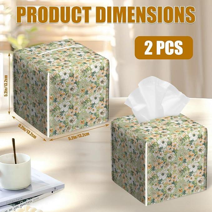Watercolor Flower Tissue Box Cover 2PCS, Leather Tissue Box Holder Square Facial Paper Case Tissue Box Cube Organizer for Bathroom Bedroom Desk Office - ModernBath